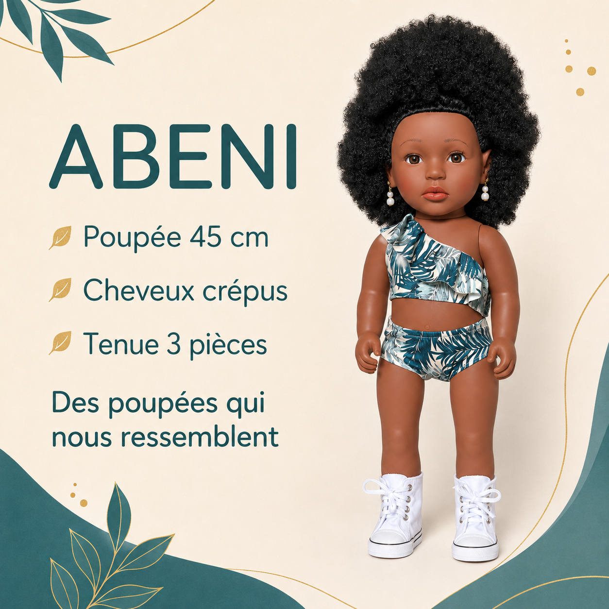 Poupée noire Abeni 45 cm aux cheveux crépus – Tenue tropicale 3 pièces et chaussures