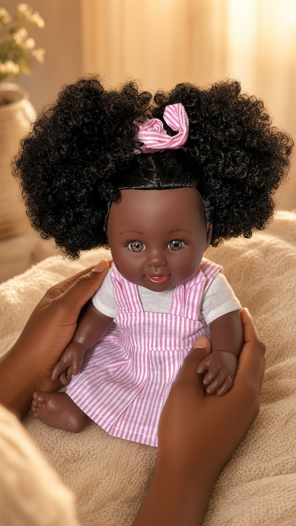 ZURI – Poupée Africaine aux Deux Puffs Crépus + Robe Salopette Rayée Rose