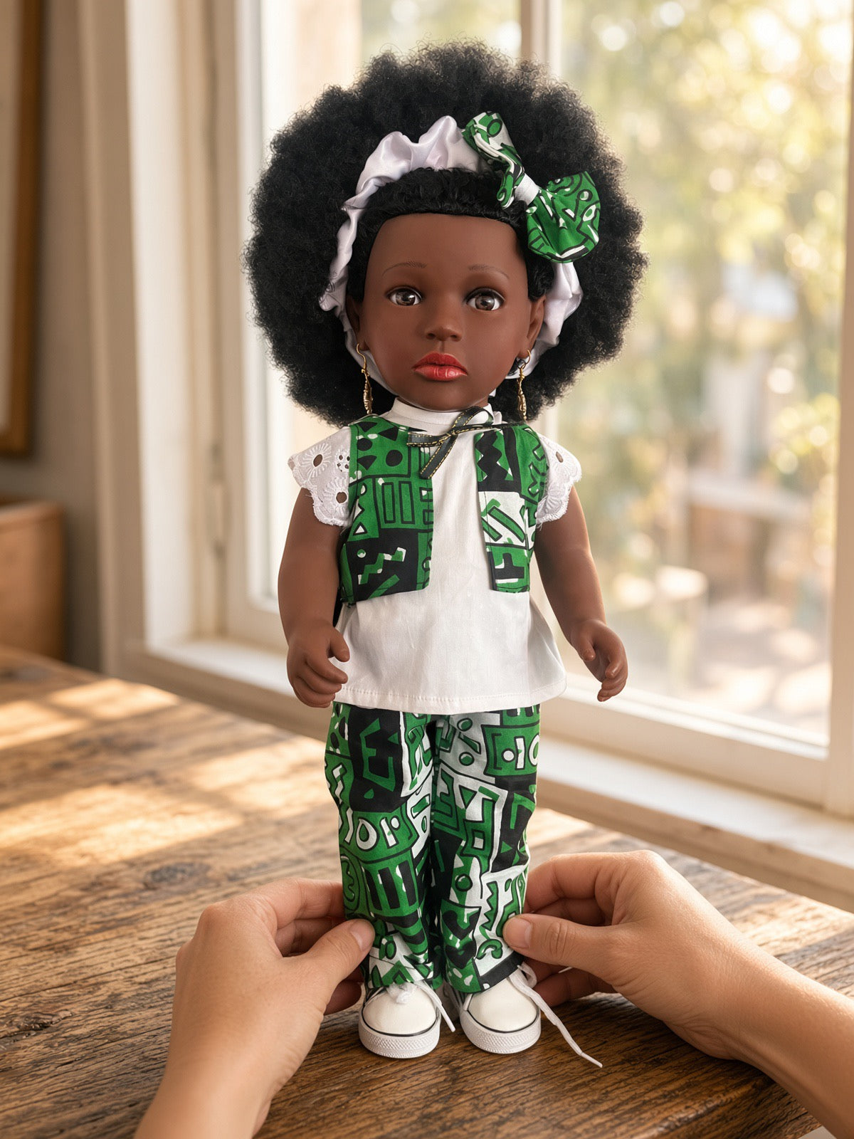 Poupée noire EFUA aux cheveux crépus – Ensemble pantalon wax, chouchou et baskets