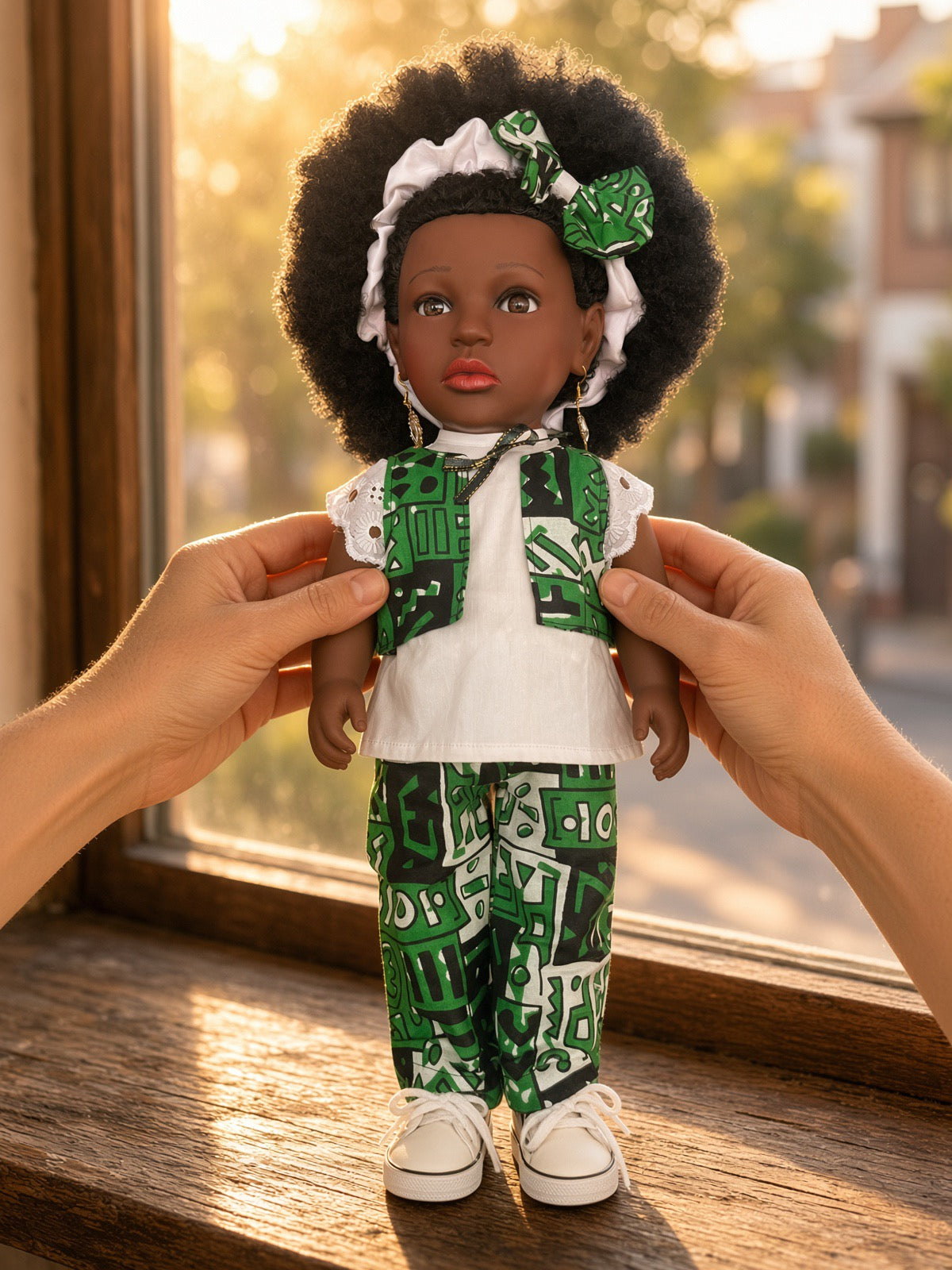 Poupée noire EFUA aux cheveux crépus – Ensemble pantalon wax, chouchou et baskets