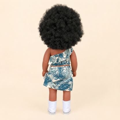 Poupée noire Abeni 45 cm aux cheveux crépus – Tenue tropicale 3 pièces et chaussures