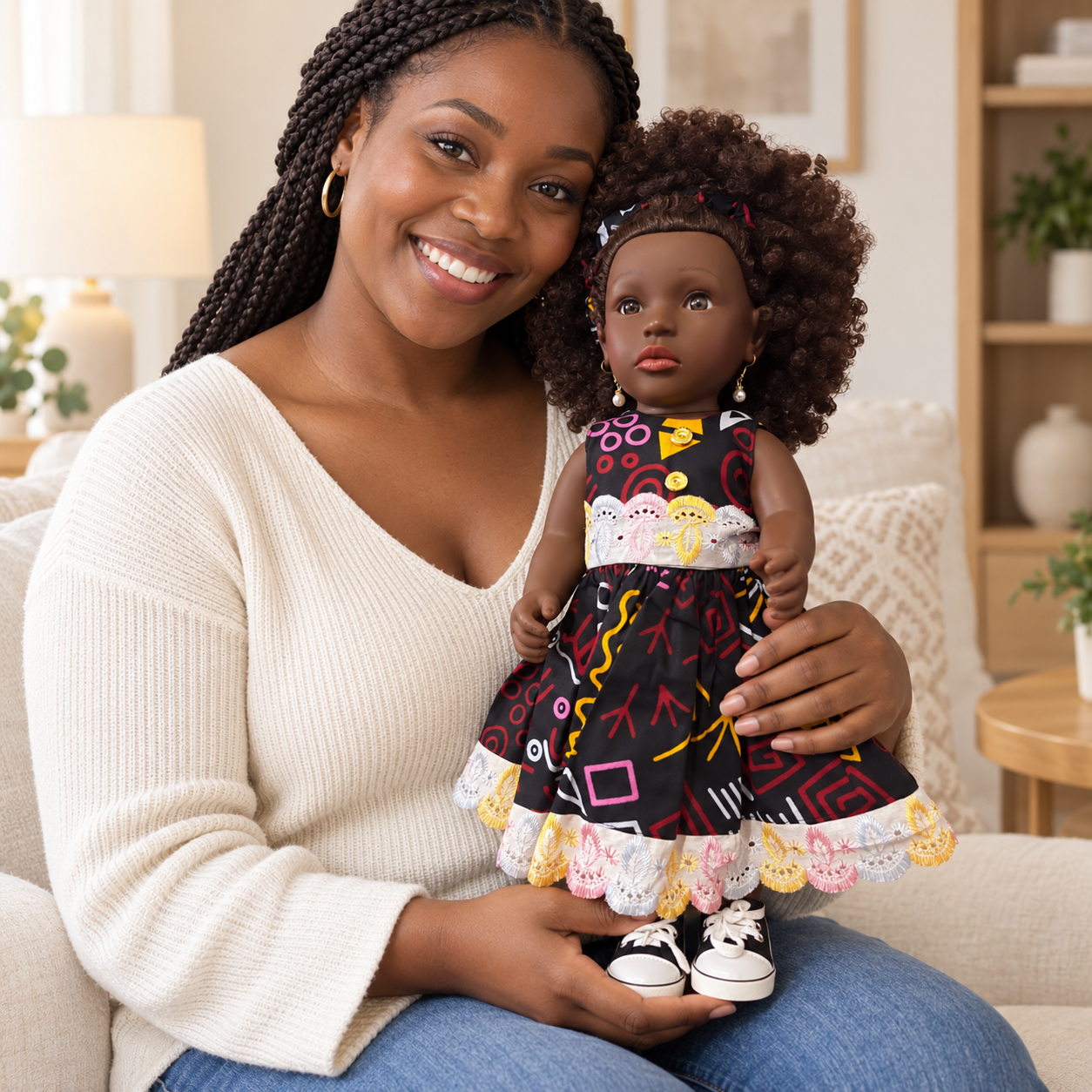 Poupée noire Rubiyatou 45 cm aux cheveux bouclés auburn