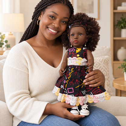Poupée noire Rubiyatou 45 cm aux cheveux bouclés auburn