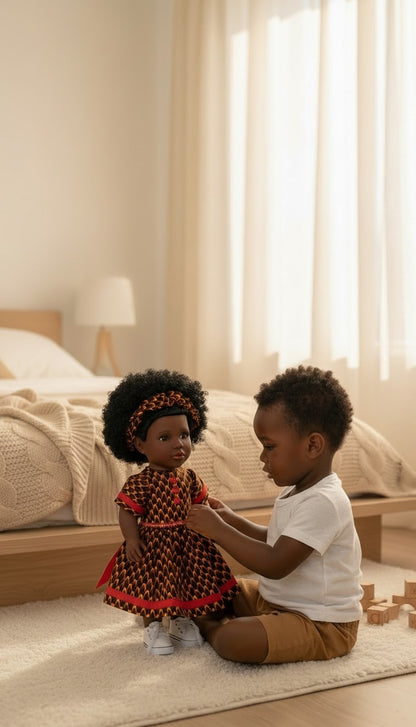 Yacine – Poupée noire aux cheveux crépus et robe africaine | Tackodolls