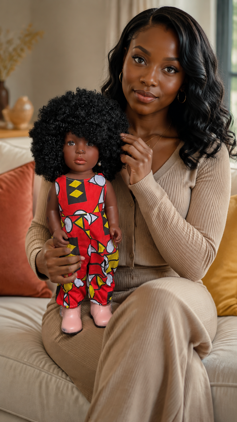 Poupée noire Kemi 45 cm aux cheveux bouclés – Combinaison africaine et chaussures incluses