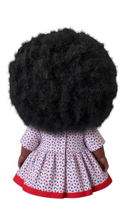 NZINGA JR – Poupée Noire 30 cm | Cheveux Crépus Afro + Robe Blanche à Motifs