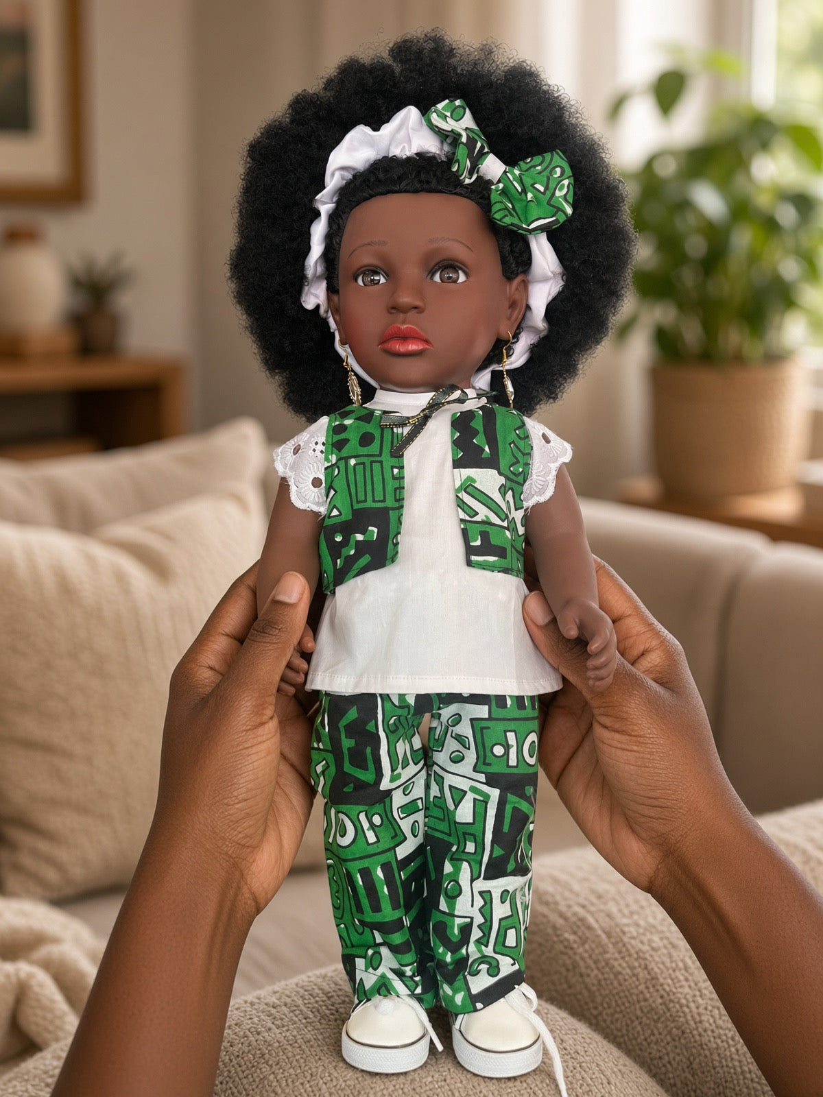 Poupée noire EFUA aux cheveux crépus – Ensemble pantalon wax, chouchou et baskets