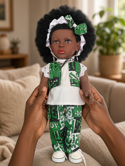 Poupée noire EFUA aux cheveux crépus – Ensemble pantalon wax, chouchou et baskets