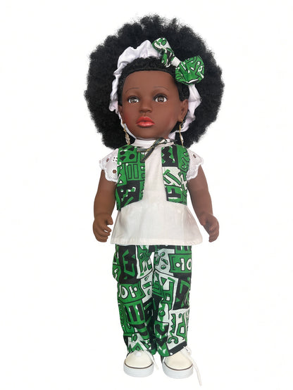 Poupée noire EFUA aux cheveux crépus – Ensemble pantalon wax, chouchou et baskets