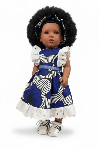 Poupée noire IMANI – cheveux afro – robe wax – 45 cm