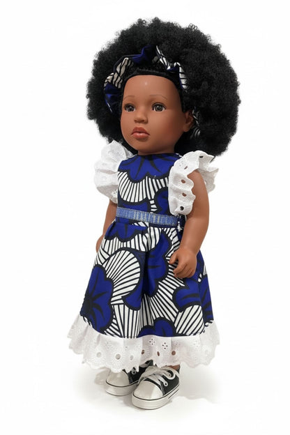 Poupée noire IMANI – cheveux afro – robe wax – 45 cm