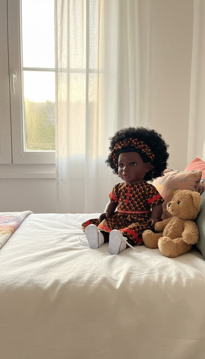 Yacine – Poupée noire aux cheveux crépus et robe africaine | Tackodolls