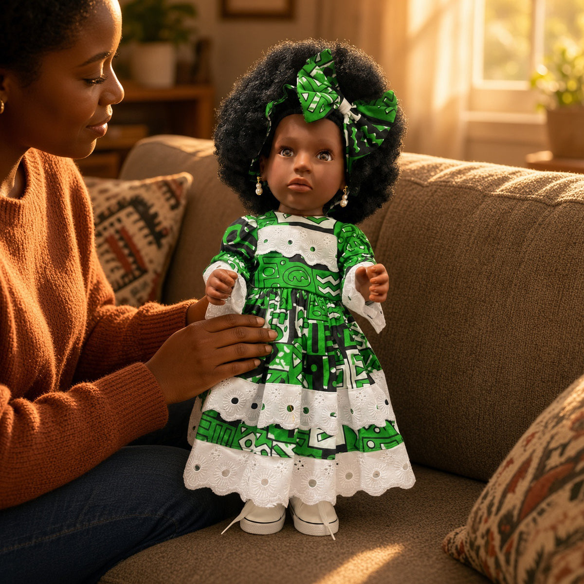 Adjoa – Poupée noire 45 cm aux cheveux crépus, robe wax verte