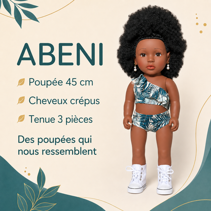Poupée noire Abeni 45 cm aux cheveux crépus – Tenue tropicale 3 pièces et chaussures