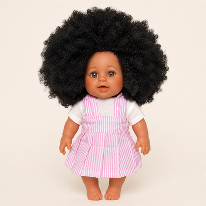 Poupée métisse Naïma 30 cm – Cheveux crépus à coiffer – Tenue rose rayée
