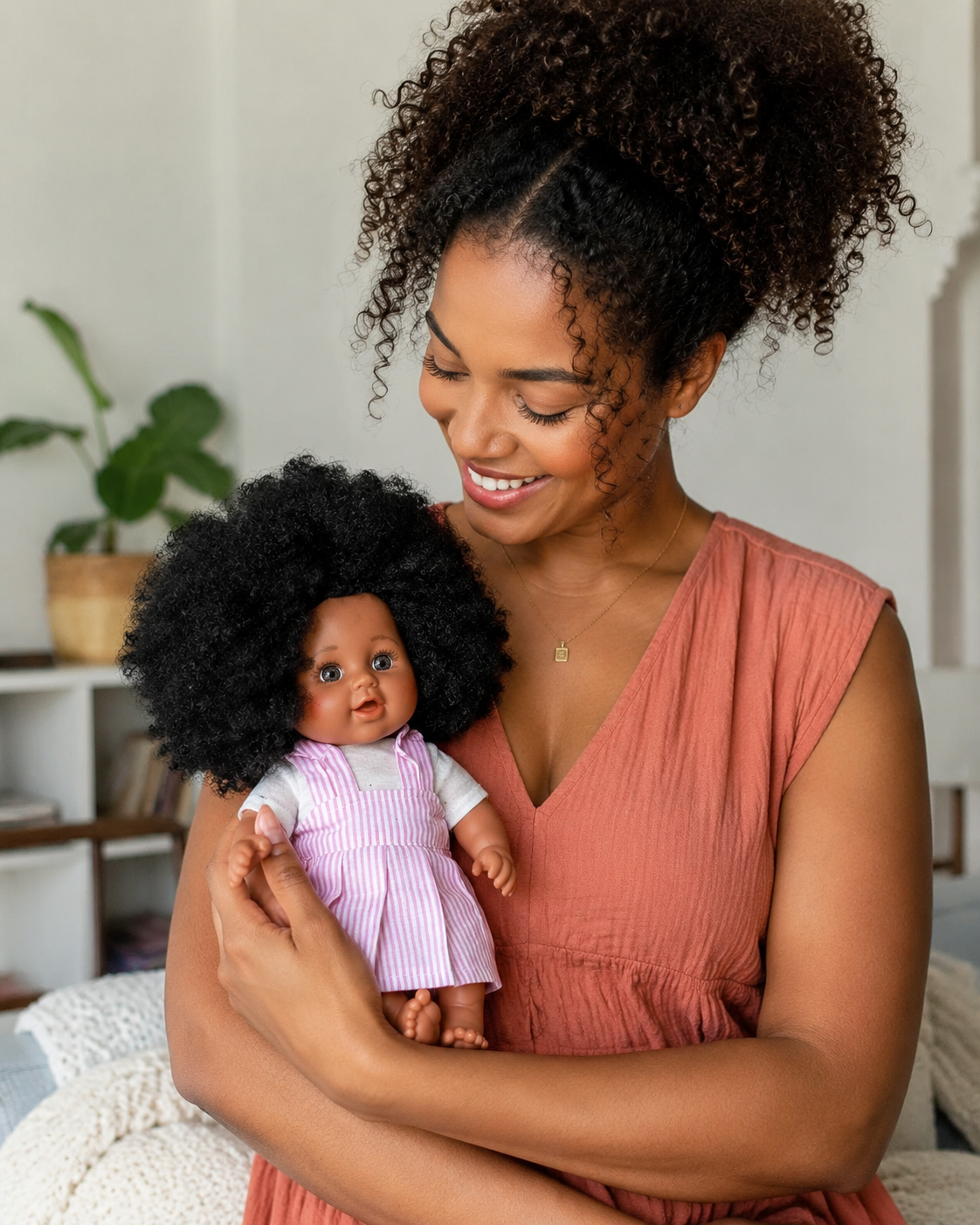Poupée métisse Naïma 30 cm – Cheveux crépus à coiffer – Tenue rose rayée