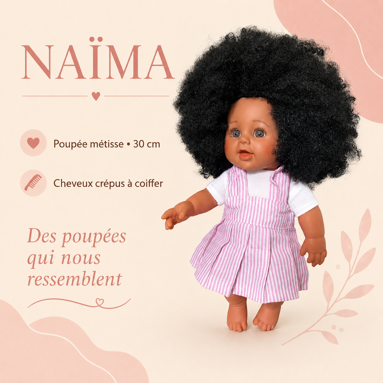 Poupée métisse Naïma 30 cm – Cheveux crépus à coiffer – Tenue rose rayée