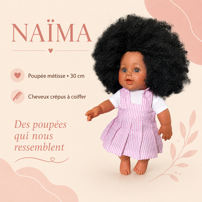 Poupée métisse Naïma 30 cm – Cheveux crépus à coiffer – Tenue rose rayée