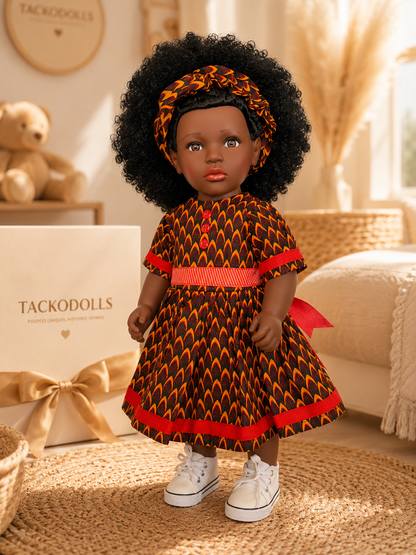 Yacine – Poupée noire aux cheveux crépus et robe africaine | Tackodolls