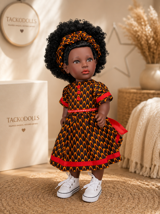 Yacine – Poupée noire aux cheveux crépus et robe africaine | Tackodolls