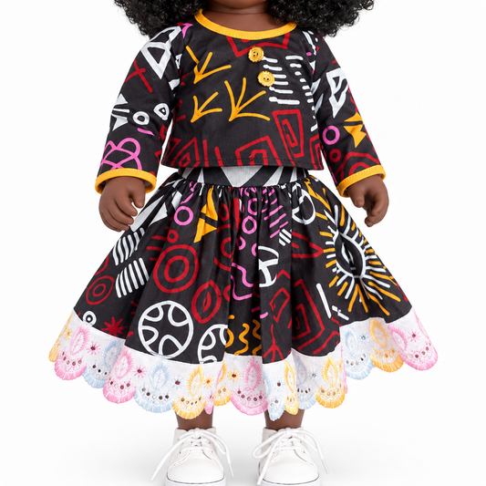 Poupée noire Sira 45 cm aux cheveux bouclés noirs – Ensemble africain 2 pièces brodé