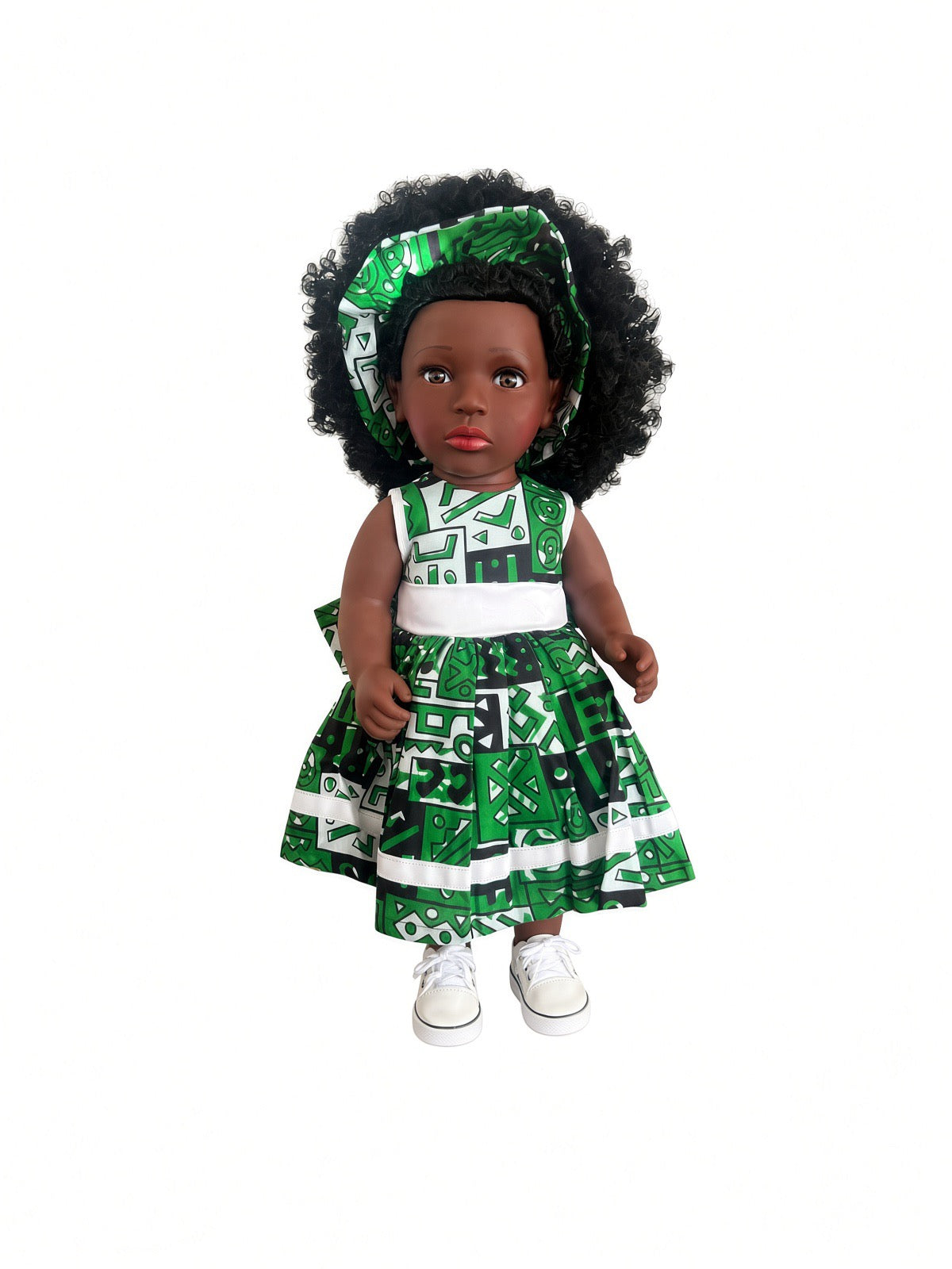 Poupée noire AWO 45 cm aux cheveux bouclés – Robe et foulard wax