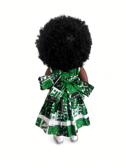 Poupée noire AWO 45 cm aux cheveux bouclés – Robe et foulard wax