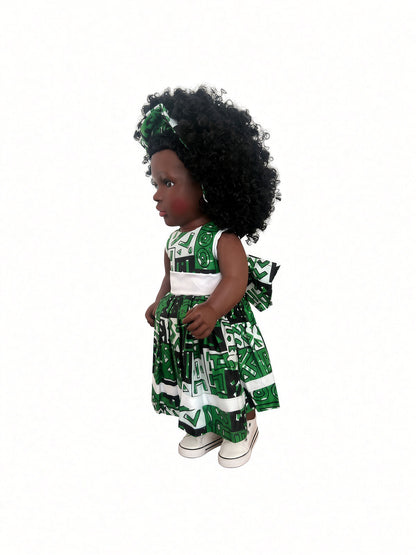 Poupée noire AWO 45 cm aux cheveux bouclés – Robe et foulard wax
