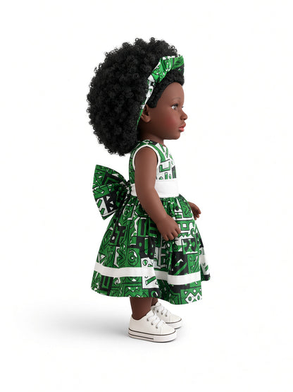 Poupée noire AWO 45 cm aux cheveux bouclés – Robe et foulard wax