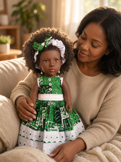 Poupée noire KESI 45 cm aux cheveux bouclés auburn – Robe wax et dentelle