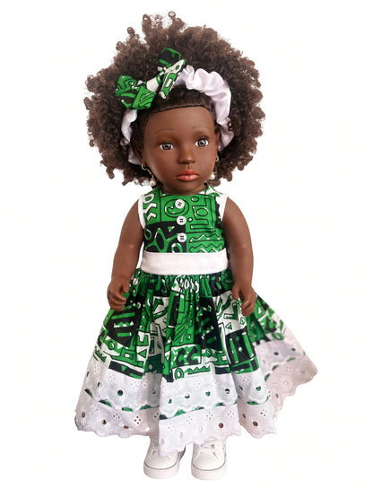 Poupée noire KESI 45 cm aux cheveux bouclés auburn – Robe wax et dentelle