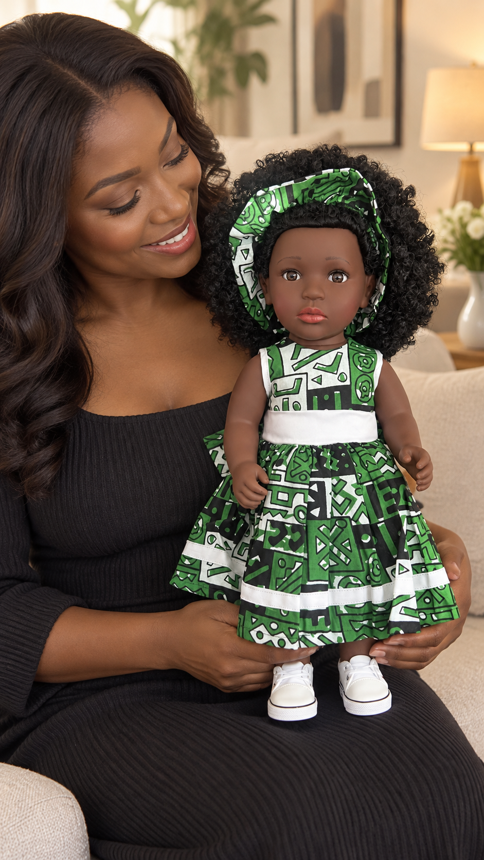 Poupée noire AWO 45 cm aux cheveux bouclés – Robe et foulard wax