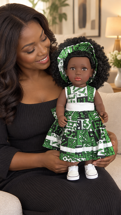 Poupée noire AWO 45 cm aux cheveux bouclés – Robe et foulard wax