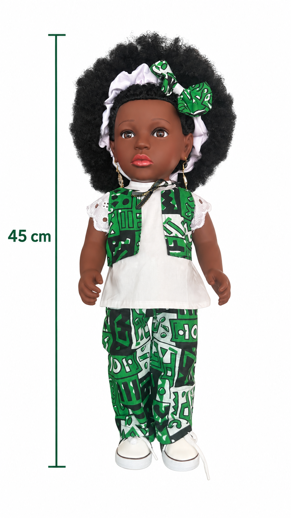 Poupée noire EFUA aux cheveux crépus – Ensemble pantalon wax, chouchou et baskets