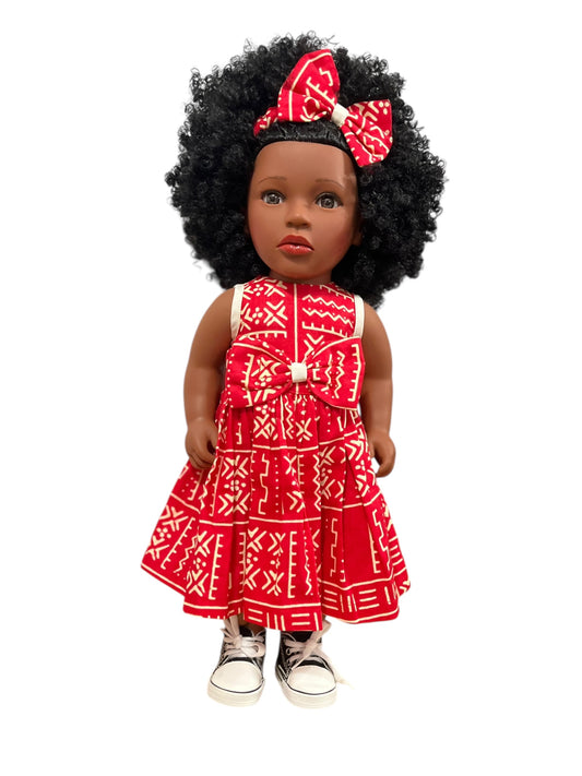 Poupée noire Nala - cheveux afro - robe wax rouge - jouet enfant